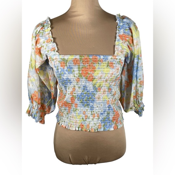BILLABONG‎ Feeling Groovy Smocked Cropped Puff Sleeve Floral Print Top LG - Picture 3 of 15